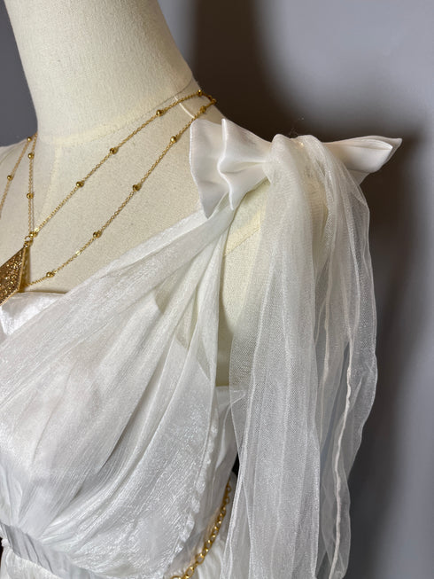 White Fantasy Tulle Dress with Draped Sleeves and Celestial Belt – Greek Goddess Dress Plus Size